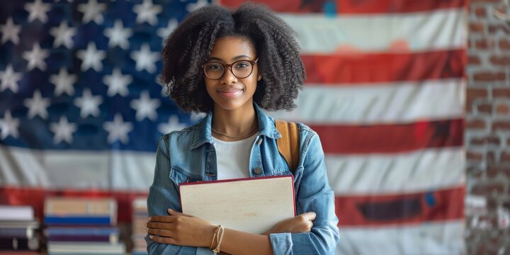 A Young Woman Studying Intently with a Laptop Against the Backdrop of an American Flag, Generative AI