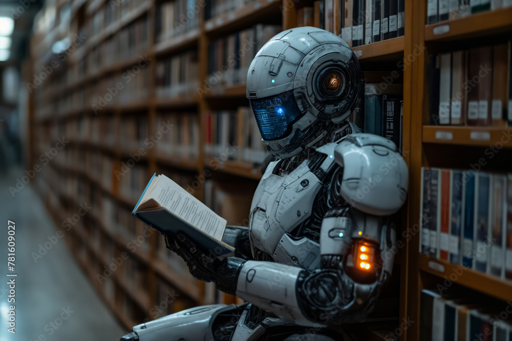 Poster robot reading book in library