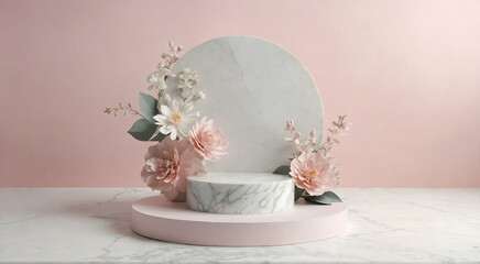  Beautiful flowers marble stage with backdrop for product display presentation. Gentle floral showcase with pastel pink background 