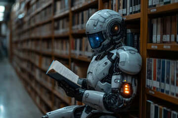 Robot reading book in library