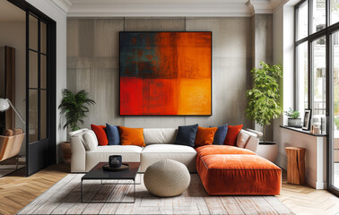 Modern living room interior with comfortable white sofa pillows and blanket and coffee table