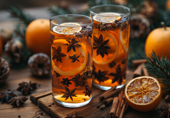 Two glasses of hot mulled wine with orange anise and cinnamon on wooden rustic table