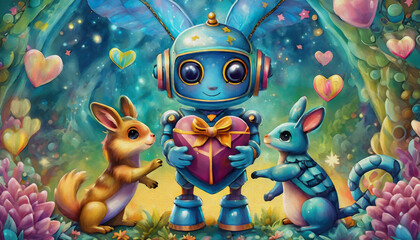 Fototapeta na wymiar oil painting style cartoon character Cute robot presenting heart shaped gift to animals on magical blurred background,