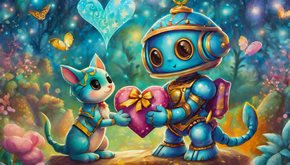 oil painting style cartoon character Cute robot presenting heart shaped gift to cat on magical blurred background