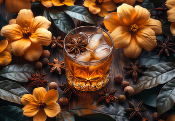 Obraz na płótnie Canvas Glass of whiskey with ice cubes and orange flowers on wooden table