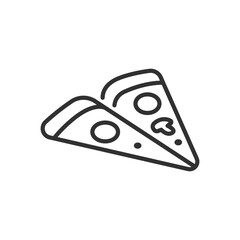 Pizza in the shape of an aeroplane, linear icon. Pizza delivery. Line with editable stroke