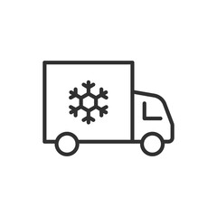 A truck with a refrigerator for transporting frozen goods, linear icon. Line with editable stroke