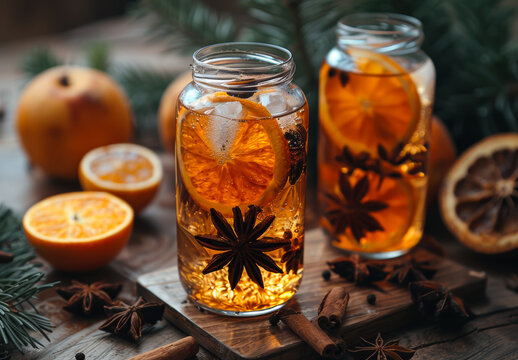 Christmas winter drinks mulled wine with spices and orange on wooden table