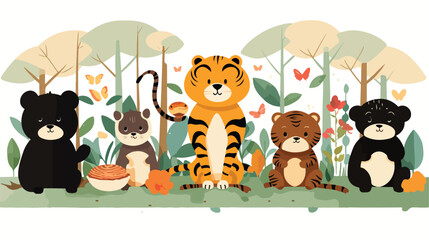 Of cute hand drawn wild animals stand and eating fo