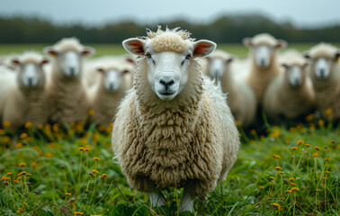 Obraz premium Sheep stares at the camera in grassy field with other sheep in the background