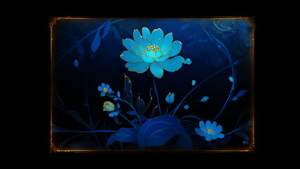 金の額の中の青い夜の花　AI画像　ジェネレーティブAI