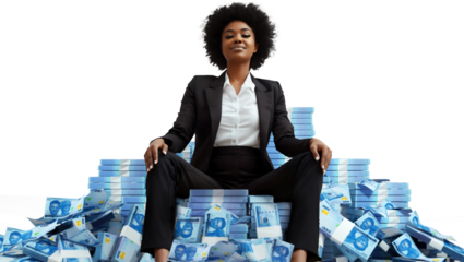 Rich Black woman boss in her 30s wearing black suit sitting on pile of Nigerian naira notes, more stacks of money around her against transparent background, sitting on a throne made of cash, feminine