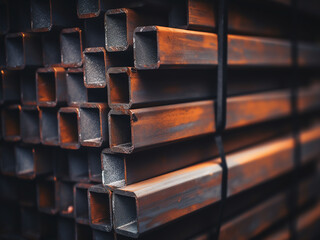 Background depicts stacked rusty stainless rectangular pipes - obrazy, fototapety, plakaty
