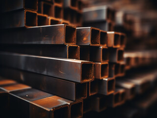 Selective focus on stacked rusty stainless pipes for background - obrazy, fototapety, plakaty