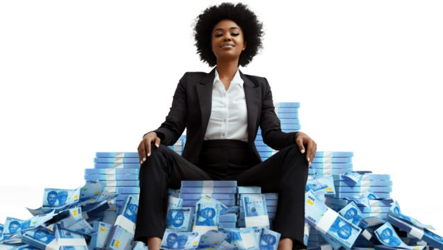 Rich Black woman boss in her 30s wearing black suit sitting on pile of Nigerian naira notes, more stacks of money around her against transparent background, sitting on a throne made of cash, feminine