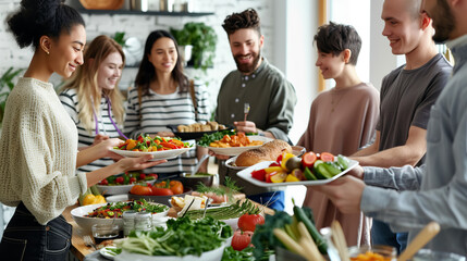 diverse group of people gathered around table filled variety of fresh colorful foods cuisines