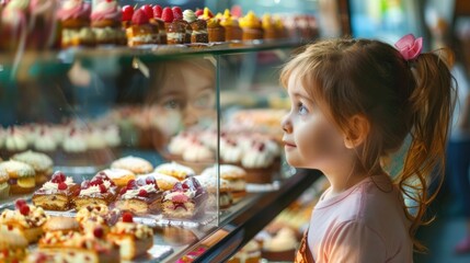 A little girl with pigtails looks longingly at a display of cupcakes in a glass display case.