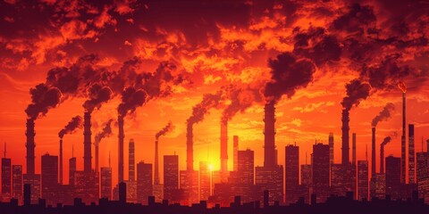 Industrial Apocalypse: A Skyline Choked by Pollution as Smokestacks Emit into the Sunset Sky, Signaling Environmental Stress, Generative AI