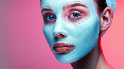 A woman with a blue mask on her face against a pink background.