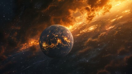 A burning planet in space, with a nebula behind it and stars around it.