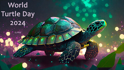 Contemporary Digital Colorful illustration with Polygonal Turtle. Multicolored Cute cyber little Turtles. World Turtle Day. Illustration Design. Copy Space.