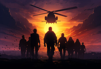 Military helicopter and group of soldiers walking into the sunset