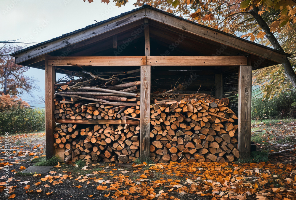 Wall mural A rustic, wooden firewood storage unit filled with stacked wood for the winter - Wall murals