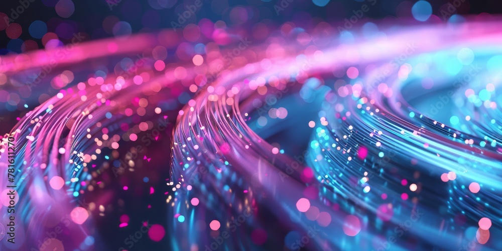 Poster data in motion: glowing fiber optic cables twisting through cyberspace, signifying high-speed inform
