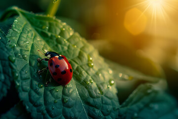 A ladybug is sitting on a leaf