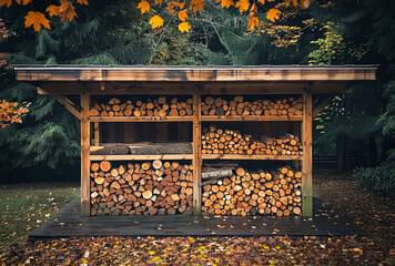 Wooden shed with roof full of firewood - obrazy, fototapety, plakaty