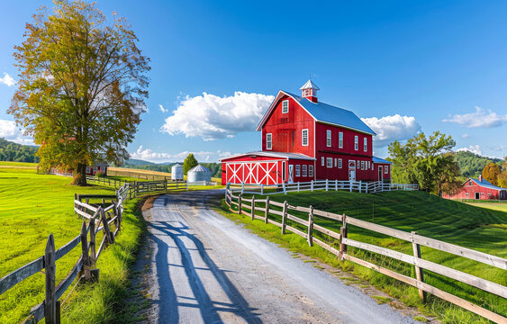 Red barn and silos on farm in rural