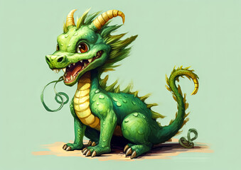 Fototapeta premium A green dragon with a big smile on its face. It is sitting on a white background. The dragon has a cute and friendly appearance