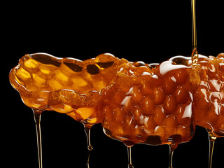 Hexagonal honeycombs drip with golden nectar honey - obrazy, fototapety, plakaty