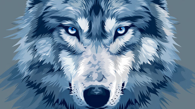 Majestic vector face of a powerful wolf with piercing eyes and a commanding stance.