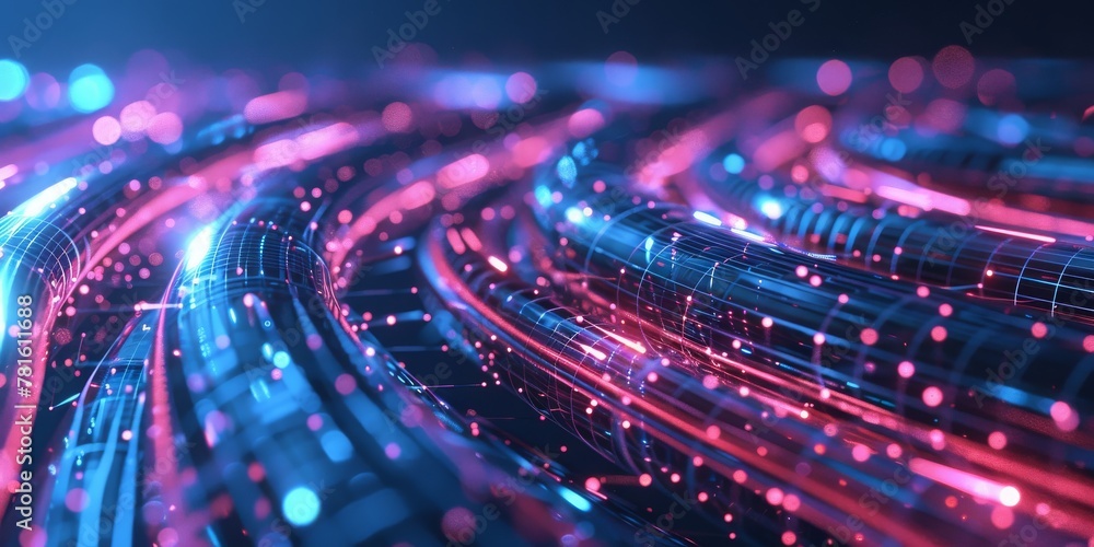 Fototapete Data in Motion: Glowing Fiber Optic Cables Twisting Through Cyberspace, Signifying High-Speed Information Transfer, Generative AI