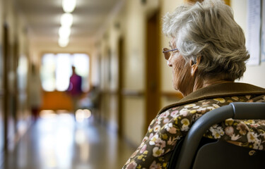 Elderly woman in wheelchair. Government controlled retirement programs
