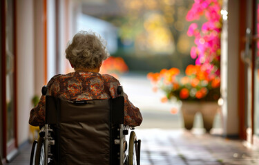 Senior woman sitting in wheelchair alone. Government controlled retirement programs