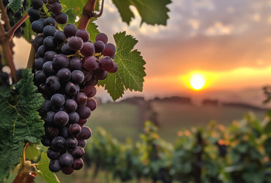 Grapes in vineyard at sunset. A photo of grapes on the vine