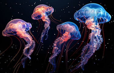 Three jellyfish in the dark space. Colorful jellyfish floating in the dark ocean