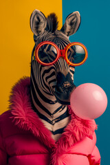 Fototapeta premium Zebra in pink clothes blowing bubblegum balloon and wearing sunglasses