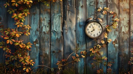 An old alarm clock is hanging on a wooden fence, with vines and autumn leaves surrounding it.