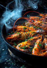Traditional Spanish paella with king prawns in fry pan with smoke and steam
