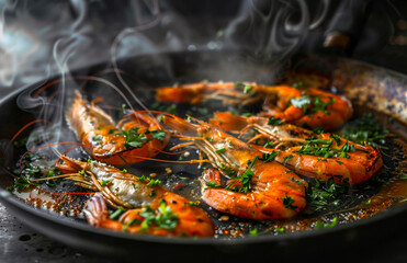 Traditional fried black tiger prawn with garlic and herbs offered as closeup in frying pan on design plate