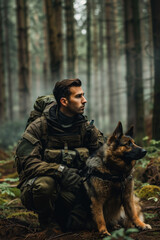Military man with German shepherd dog in the forest
