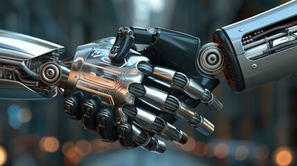 Two metal robot hands in a handshake. The background is blurred, lights are visible in the distance.