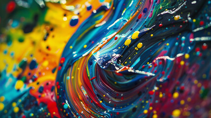 Extreme close-up of a paintbrush handle covered in splatters of various colors, showcasing a creative process in action.