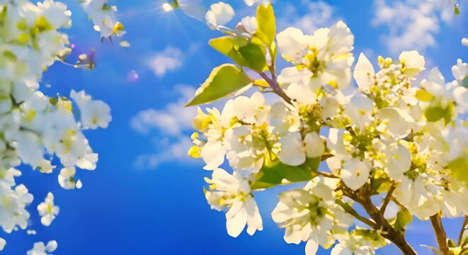 Beautiful cherry tree blossom in spring, fruit tree branch with gentle flowers against blue sky