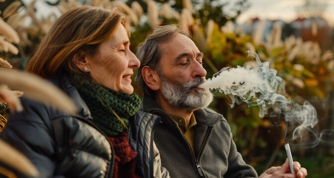 Middle-aged couple enjoying a laugh while relaxing with a joint in a peaceful autumn environment