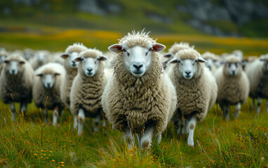 Naklejka premium Large herd of sheep. A sheep herd on grassy background