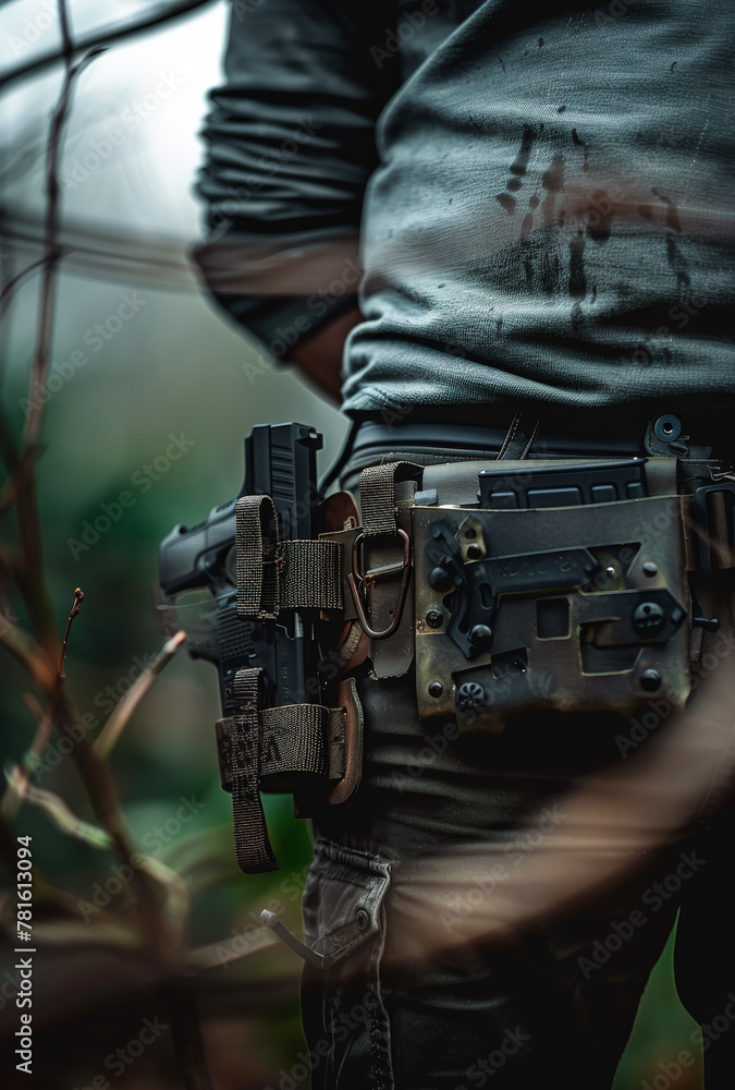 Wall mural Soldier with gun and knife in his belt